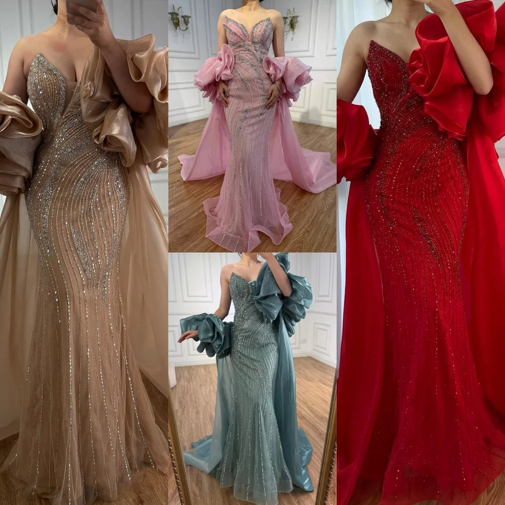 Serene Hill Pink Strapless Mermaid Beaded Evening Dresses with Cape Elegant Party Gowns for Women Customized DLA72896