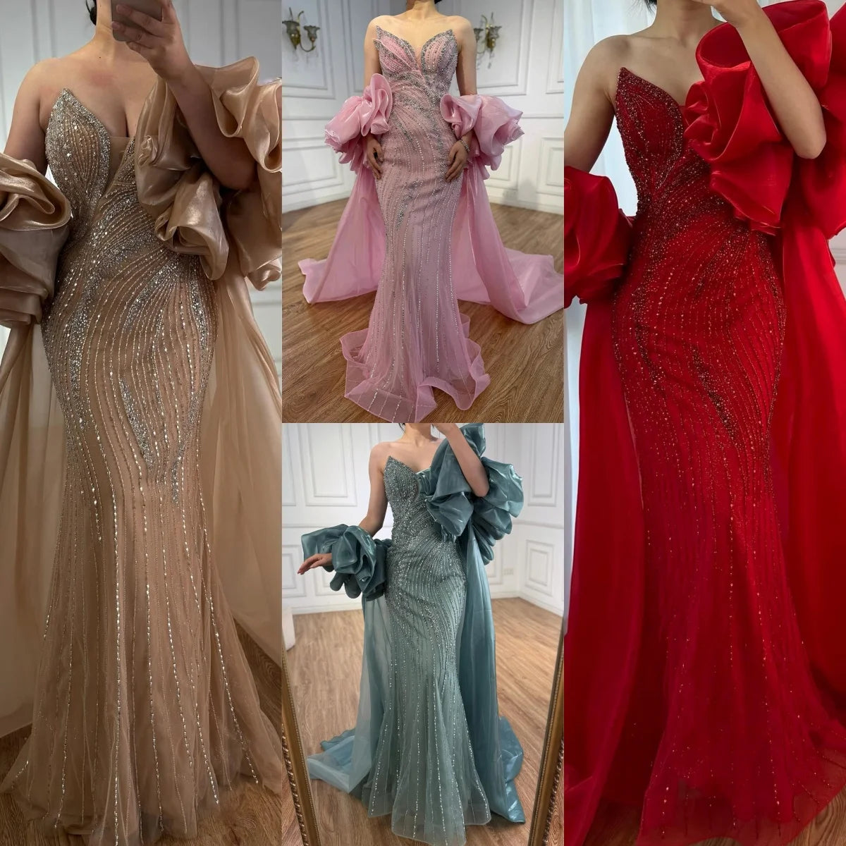 Serene Hill Pink Strapless Mermaid Beaded Evening Dresses with Cape Elegant Party Gowns for Women Customized DLA72896