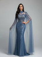 Abito da sera modesto lussuoso blu sirena con mantella LA73006