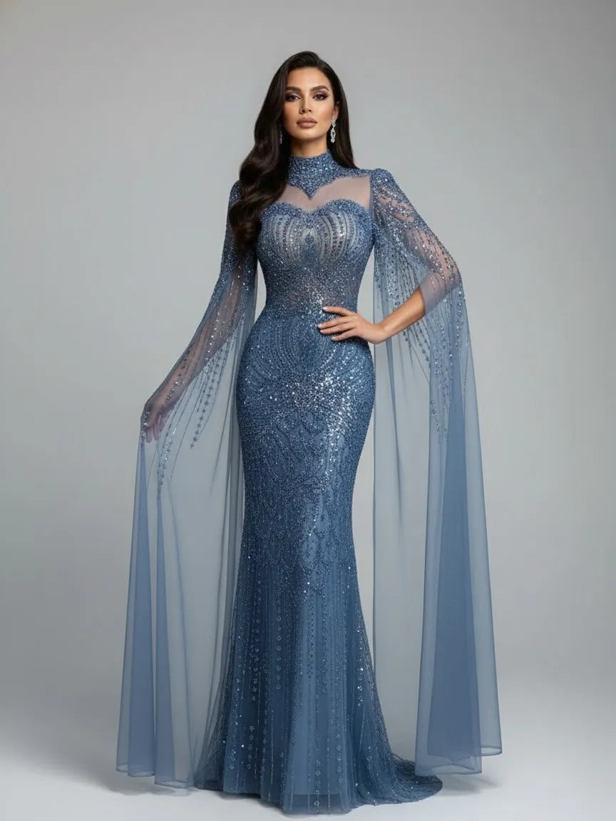 Abito da sera modesto lussuoso blu sirena con mantella LA73006