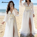 Lakshmigown Embroidery Flower V-Neck Puff Sleeve Wedding Dress Chiffon Floor-length A-line Evening Gown Customized