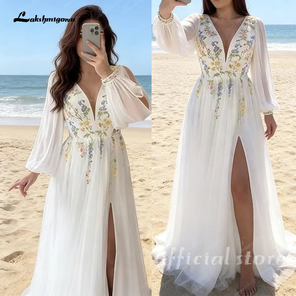 Lakshmigown Embroidery Flower V-Neck Puff Sleeve Wedding Dress Chiffon Floor-length A-line Evening Gown Customized