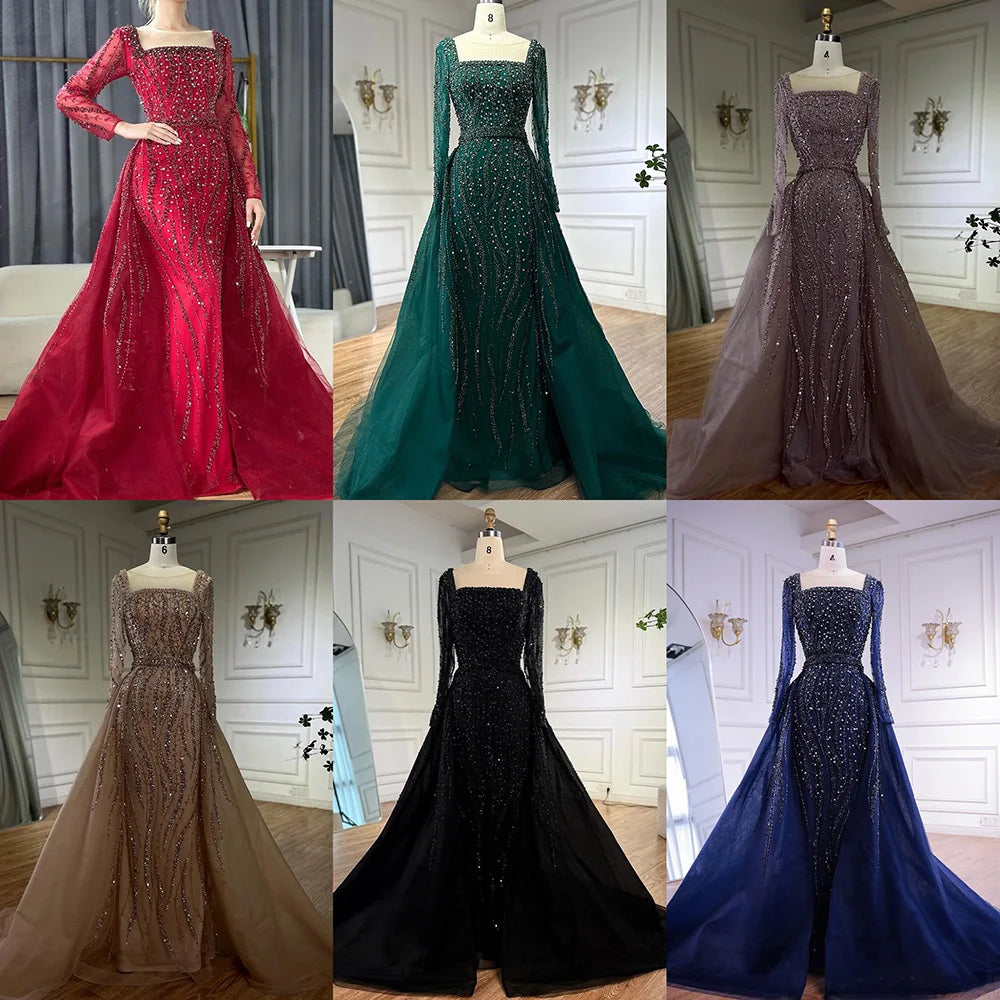 Serene Hill Customized Wine red Long Sleeves Mermaid Beaded Evening Dresses with Overskirt Party Gowns for Women DLA72710