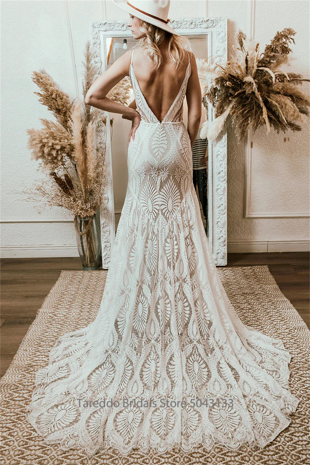 Customized Bohemian Lace Wedding Dress Deep V Neck Mermaid Gown Bridal Dress Sheer Panel Train Wedding Occasion Gown
