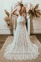 Customized Bohemian Lace Wedding Dress Deep V Neck Mermaid Gown Bridal Dress Sheer Panel Train Wedding Occasion Gown