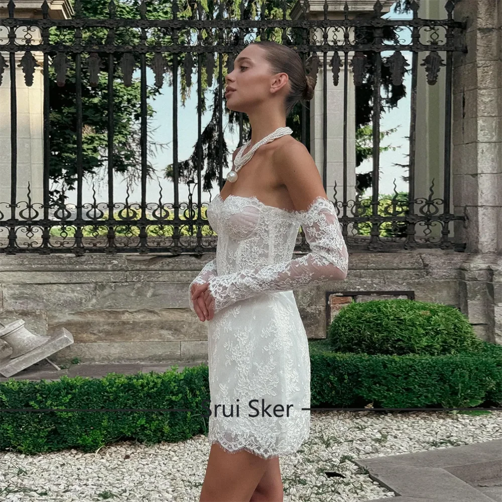 Glamorous A Line Wedding Dress Lace Strapless Removeable Sleeves Celebrate Bridal Gown Short Vestidos De Novia Customized