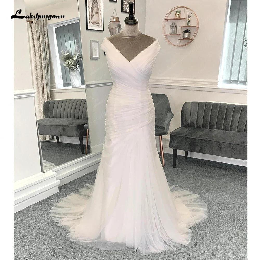 NumberSea Tulle Pleat Mermaid Formal Wedding Dresses with Beads Belt Off the Shoulder Off White 2025 Bridal Gowns