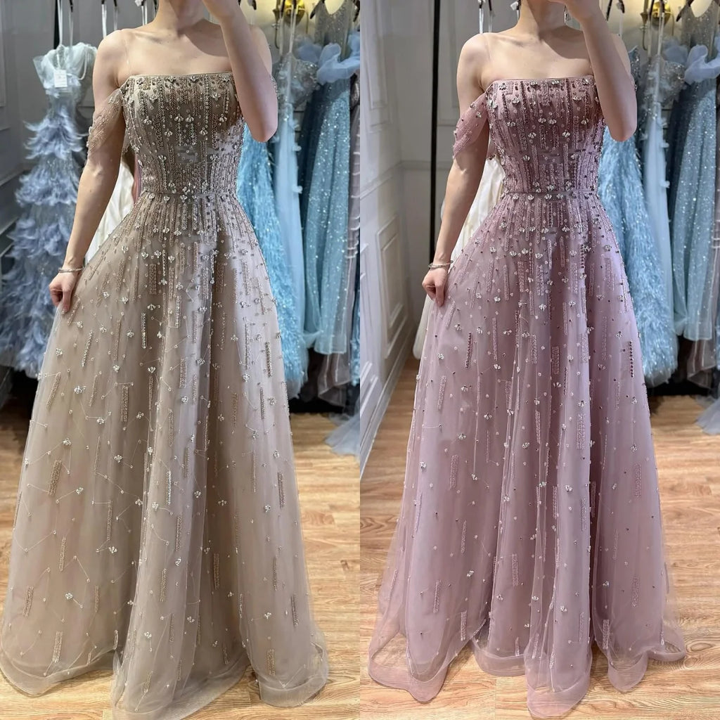 Serene Hill Caramel A-Line Beaded Evening Gown Off Shoulder Formal Party Prom Dress Robe de Soirée 2026 Customized DLA73326