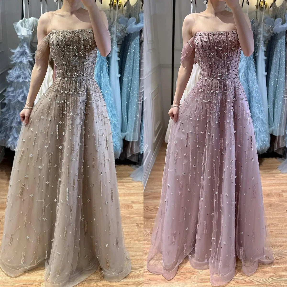 Serene Hill Caramel A-Line Beaded Evening Gown Off Shoulder Formal Party Prom Dress Robe de Soirée 2026 Customized DLA73326