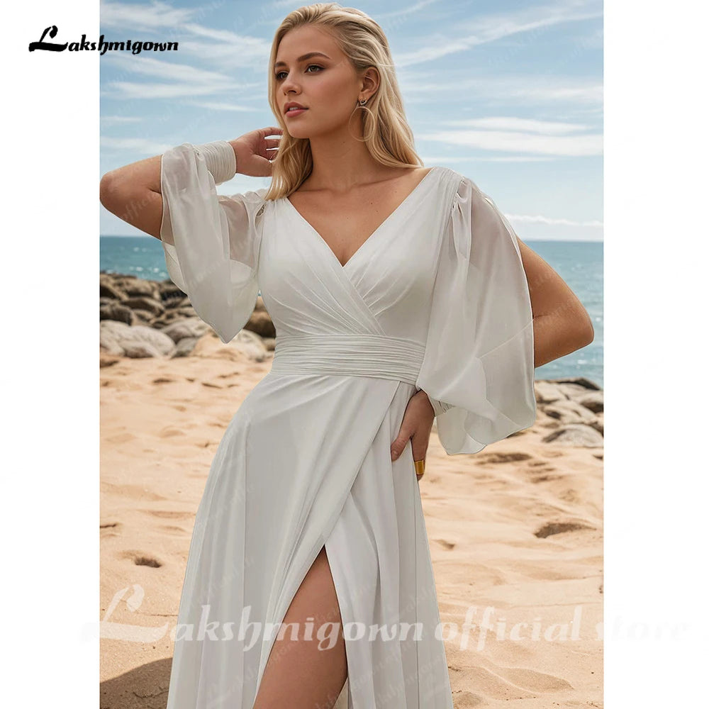 Lakshmigown Simple V-Neck Chiffon Wedding Dress Sexy Side Slit A-Line Pleat Bridal Long Sleeves Open Back Bohemia Customized