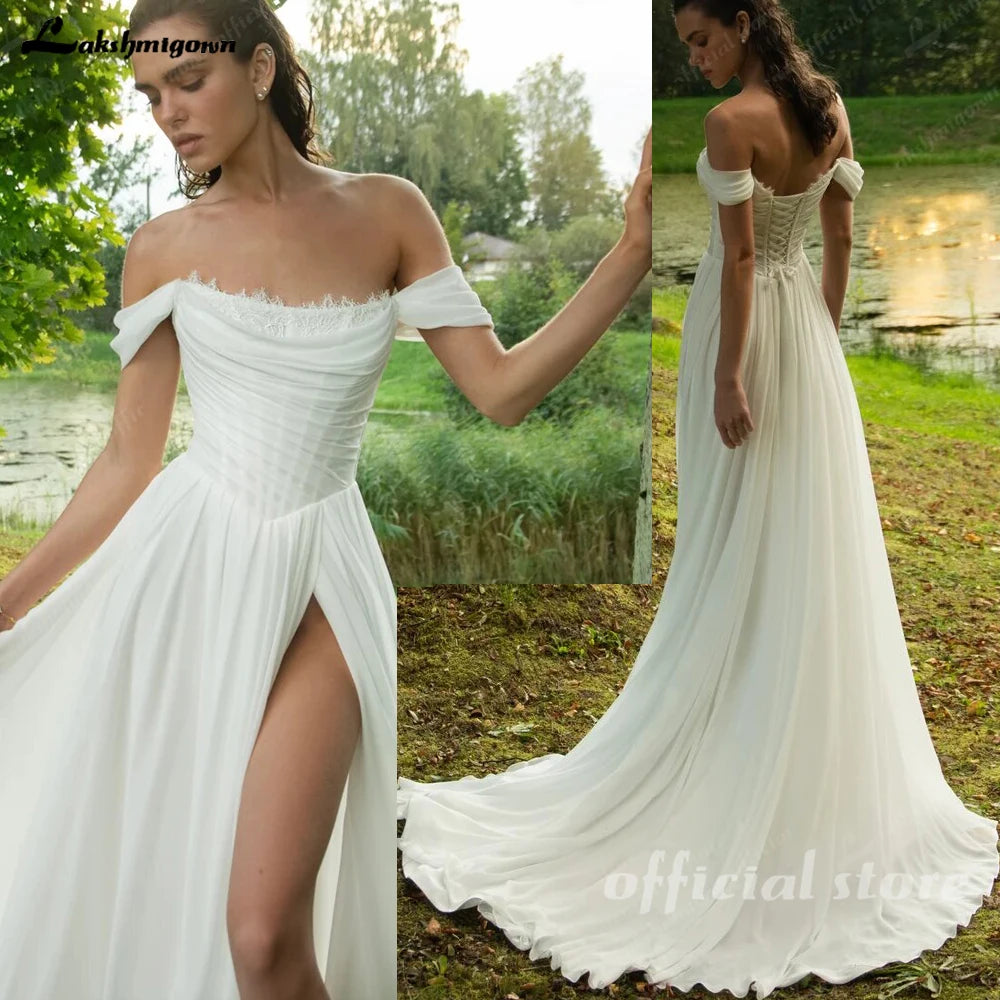 Lakshmigown Chiffon Beach Wedding Dresses 2026 New Split Side Strapless Garden Bridal Gowns Lace Up Back Customized