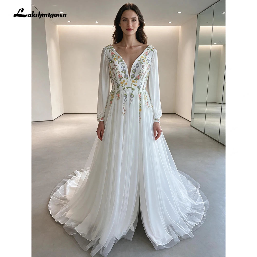 Lakshmigown Embroidery Flower Puff Sleeve Boho Wedding Dress Lace Up Back Chiffon Floor-length A-line Bridal Gown Customized