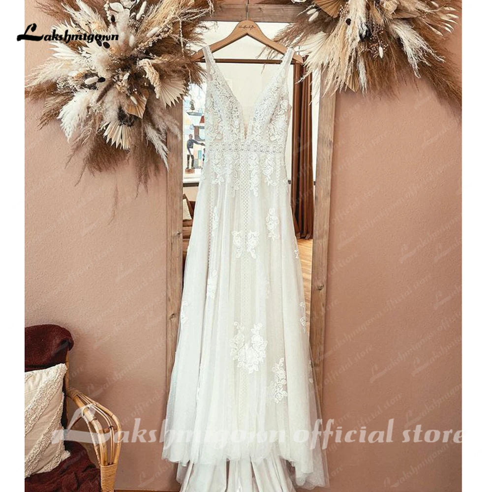 Lakshmigown Boho Lace Applique Elegant Plunging V Modest Wedding Dress Women Beach Robe De Mariage Bride Gowns