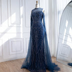 Serene Hill Navy Blue O-neck Cold Shoulder Mermaid Beaded Evening Dress Party Gowns with Cape Sleeves Customized DLA73323