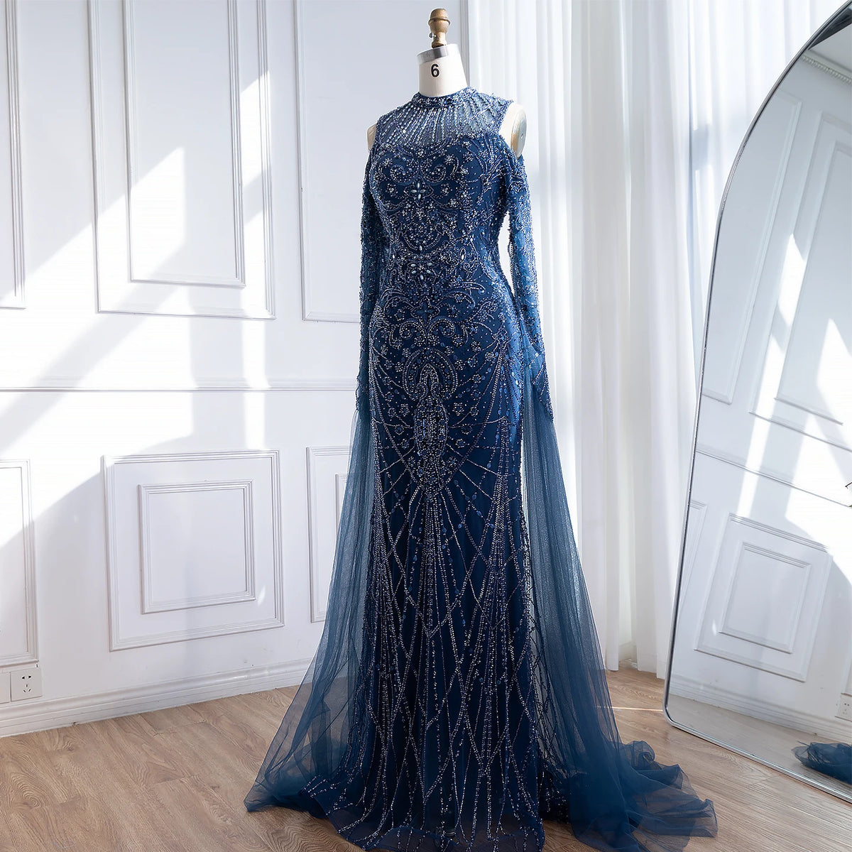 Serene Hill Navy Blue O-neck Cold Shoulder Mermaid Beaded Evening Dress Party Gowns with Cape Sleeves Customized DLA73323