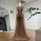 Serene Hill Luxury Beaded Mermaid Evening Dresses with Cape Sleeves Caramel Formal Party Gown for Women Customized DLA72940