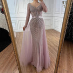 Serene Hill Pink V-neck Long Sleeves Beaded Evening Dress with Detachable Overskirt Party Gown for Women Customized DLA73156
