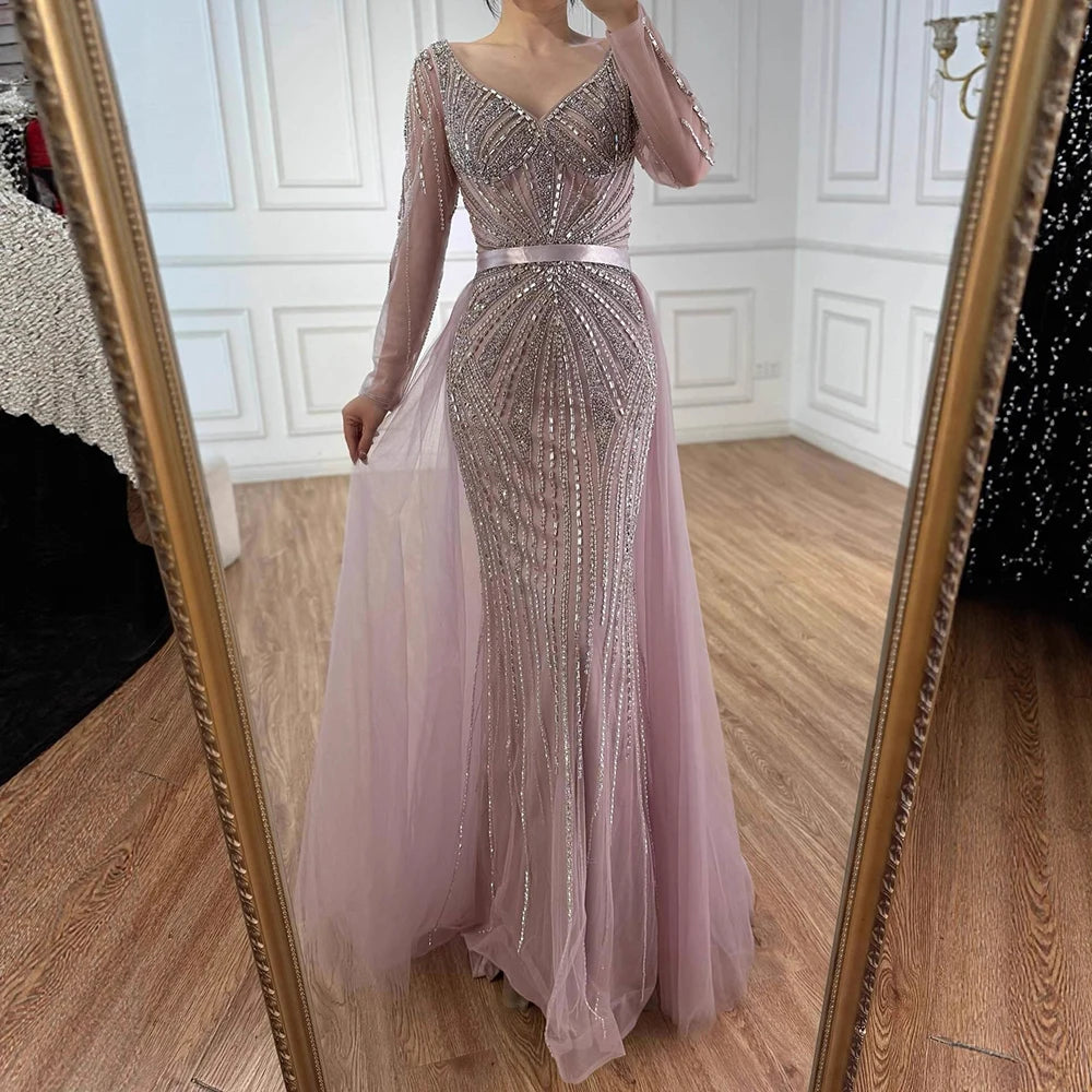 Serene Hill Pink V-neck Long Sleeves Beaded Evening Dress with Detachable Overskirt Party Gown for Women Customized DLA73156