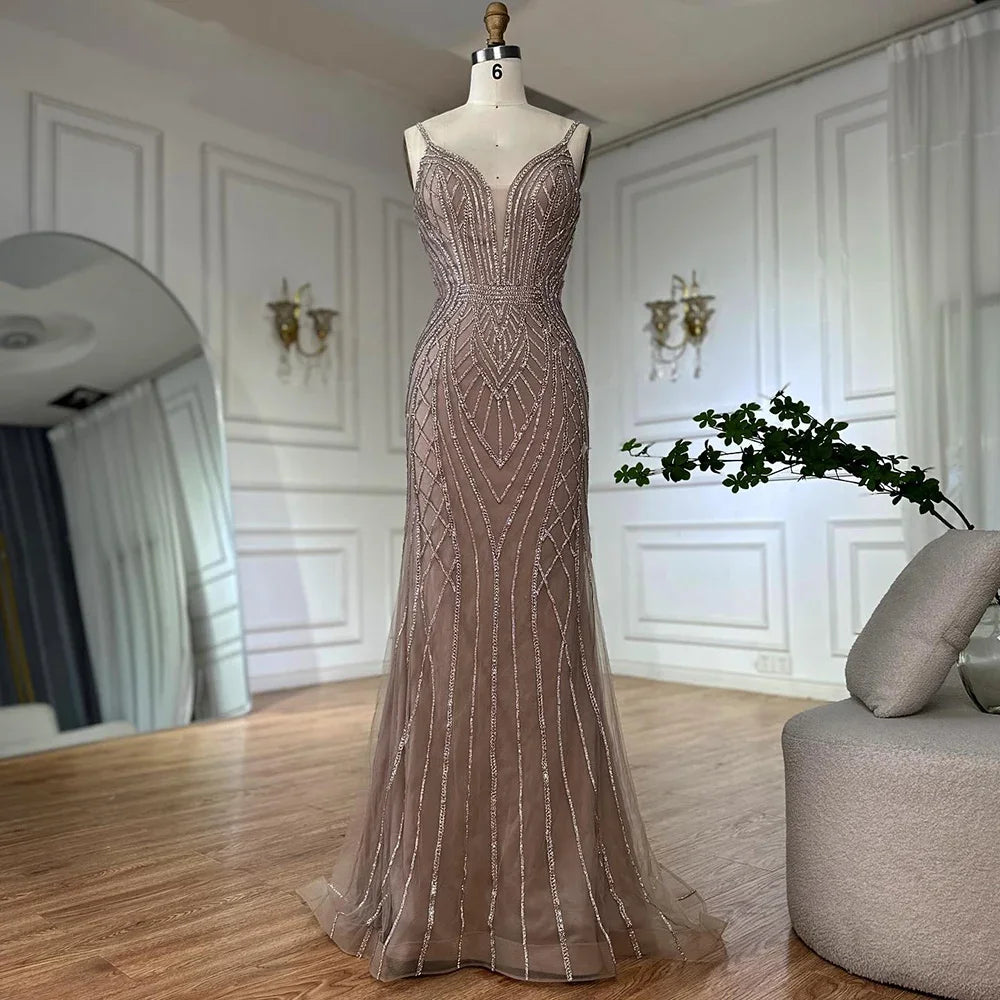 Serene Hill 2025 Customized Dubai Caramel Mermaid Arabic Evening Dresses with Beaded Cape Sleeves for Party DLA72852