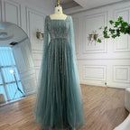 Serene Hill Turquoise Square Collar Beaded Evening Dress with Cape Sleeves Dubai Pary Gowns for Women DLA73188 Customized