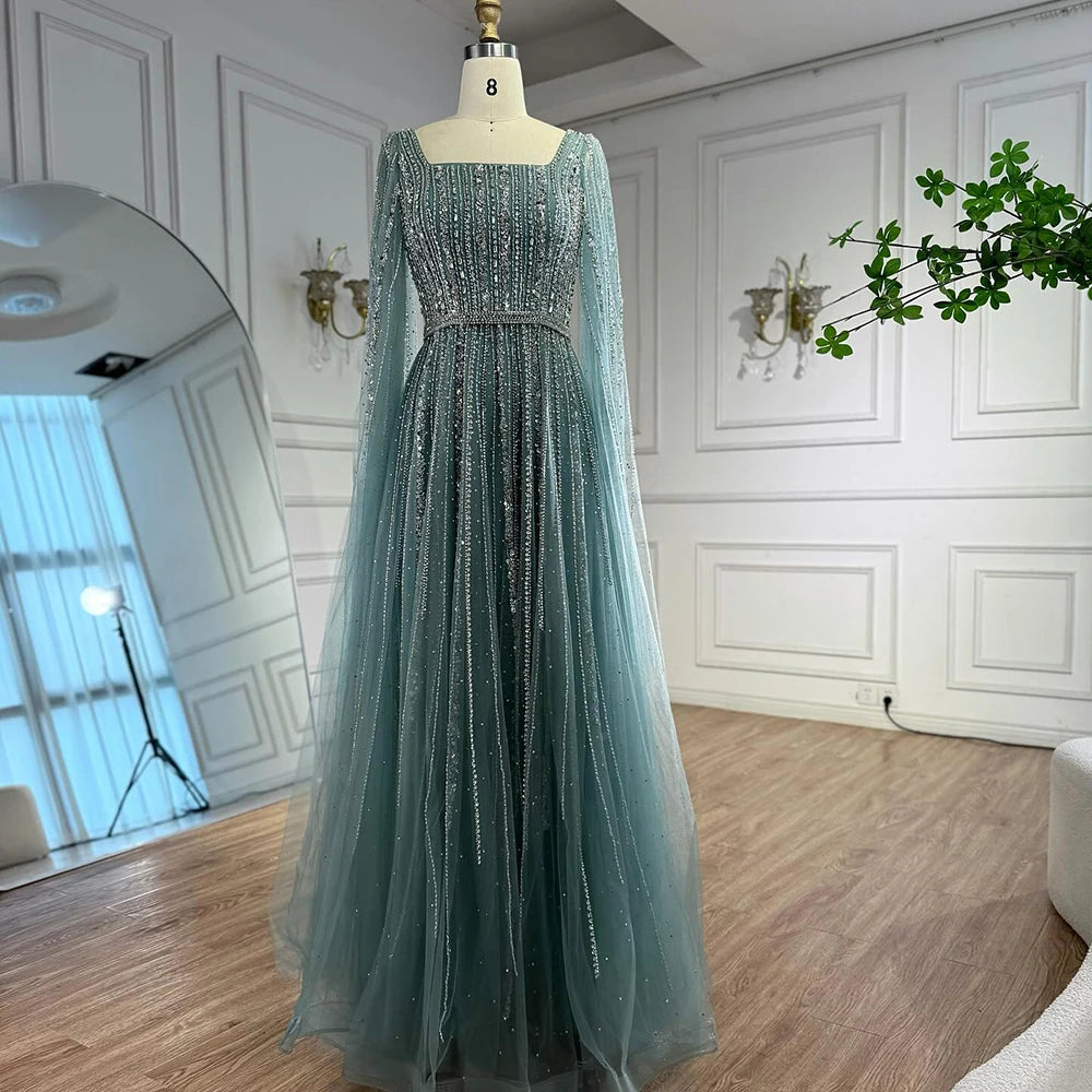 Serene Hill Turquoise Square Collar Beaded Evening Dress with Cape Sleeves Dubai Pary Gowns for Women DLA73188 Customized