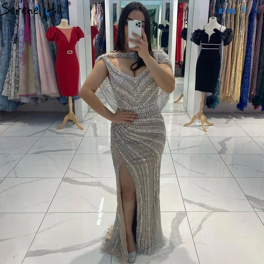 Serene Hill Customized Silver Nude Beaded Mermaid Evening Dresses 2025 Elegant Party Gowns For Women Wedding DLA70752