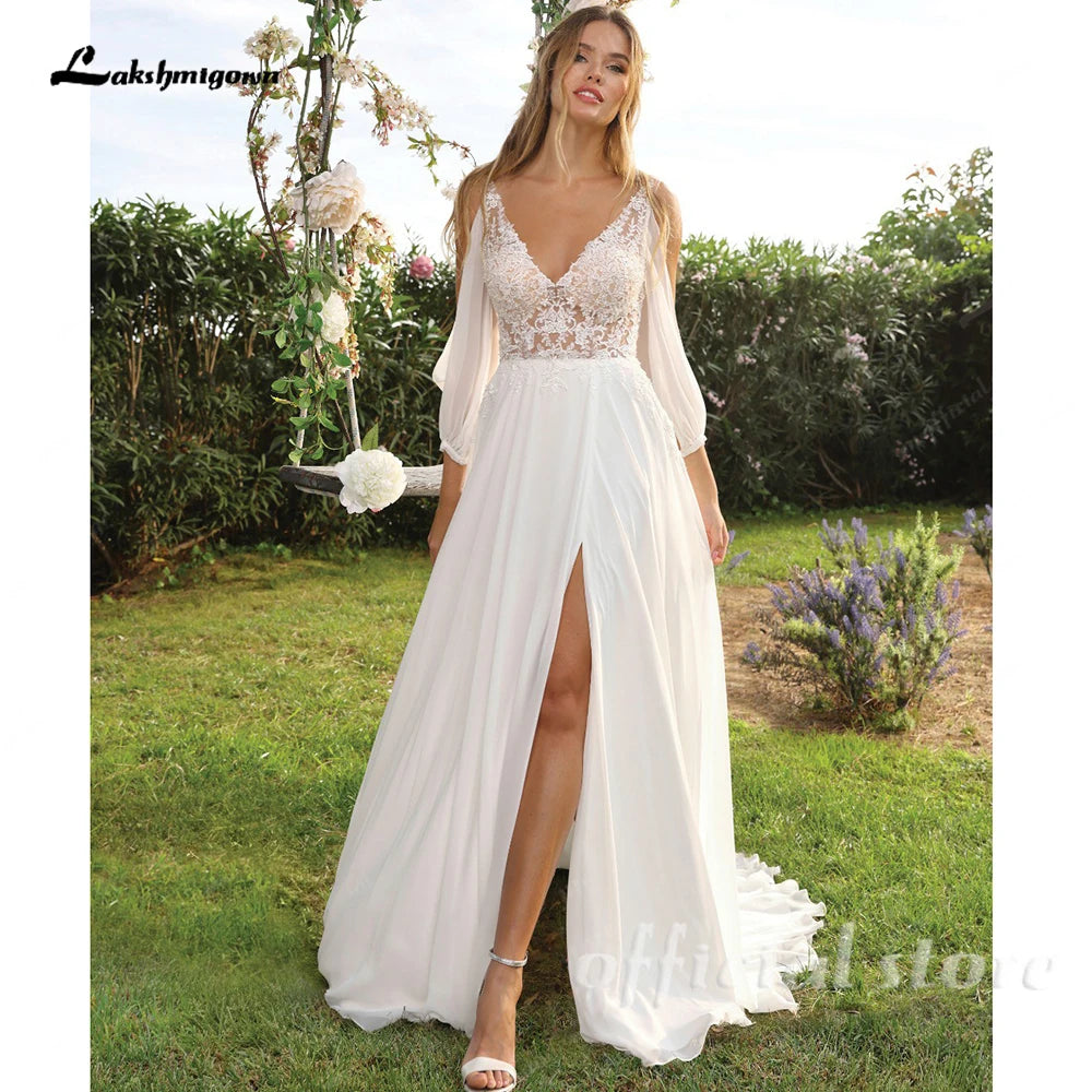 Lakshmigown Illusion Beach Wedding Dress Side Split Off Shoulder Long Sleeve Bridal Gown for Women Summer VestidoCustomized