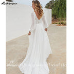 Lakshmigown Chiffon V Neck Wedding Dress Bride Applique A-Line Civil Double V-Neck Puff Sleeves Bride Gowns Customized
