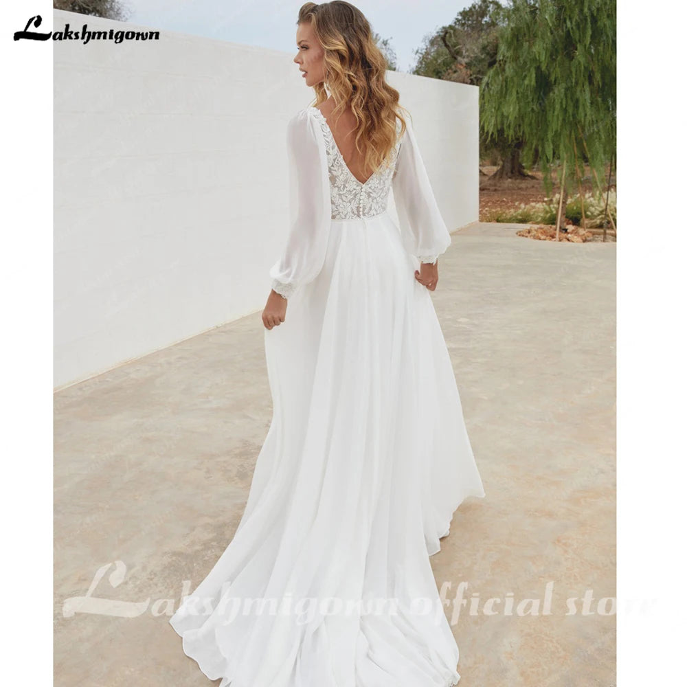 Lakshmigown Chiffon V Neck Wedding Dress Bride Applique A-Line Civil Double V-Neck Puff Sleeves Bride Gowns Customized