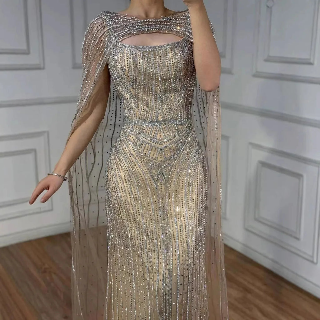 Abito da Sera con Mantella Blu Diamante di Lusso LA73426