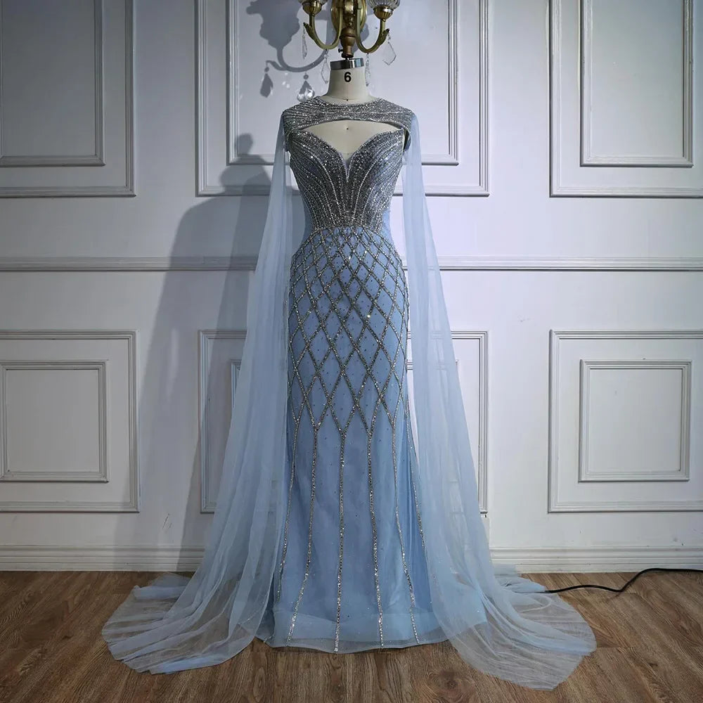 Abito da sera sirena con perline e mantella color nude lussuoso LA72814