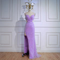 Vestido de Gala Luxuoso Roxo com Lantejoulas, Fenda Lateral e Cintura Recortada LA73000
