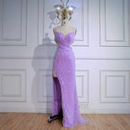 Vestido de Gala Luxuoso Roxo com Lantejoulas, Fenda Lateral e Cintura Recortada LA73000