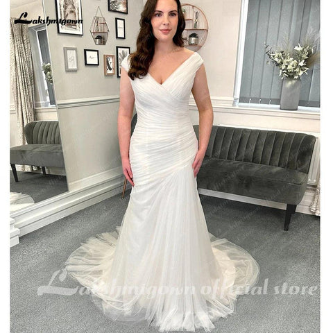 Vestidos de noiva de cerimónia com tule e pregas sereia, com cinto de contas e ombro de fora, branco-claro, 2025 