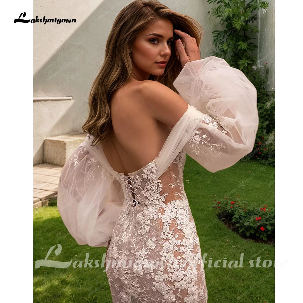 Lakshmigown Lantern Sleeves  Mermaid Wedding Dresses Beads Appliques Sweetheart Tulle Chapel Train Robe De Mariee Customized