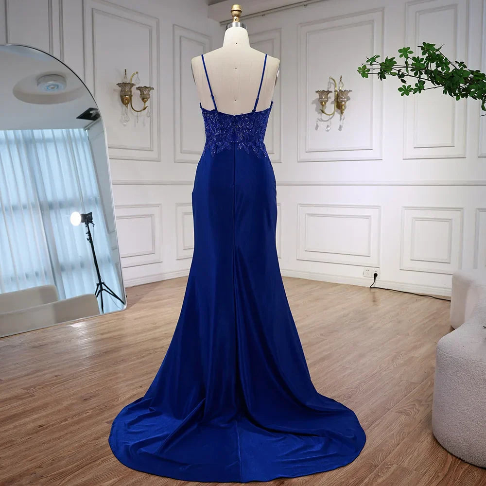 Vestido de Baile de Gala Azul Marinho de Luxo com Renda e Fenda Lateral e Alças Finas LA73041