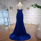 Vestido de Baile de Gala Azul Marinho de Luxo com Renda e Fenda Lateral e Alças Finas LA73041