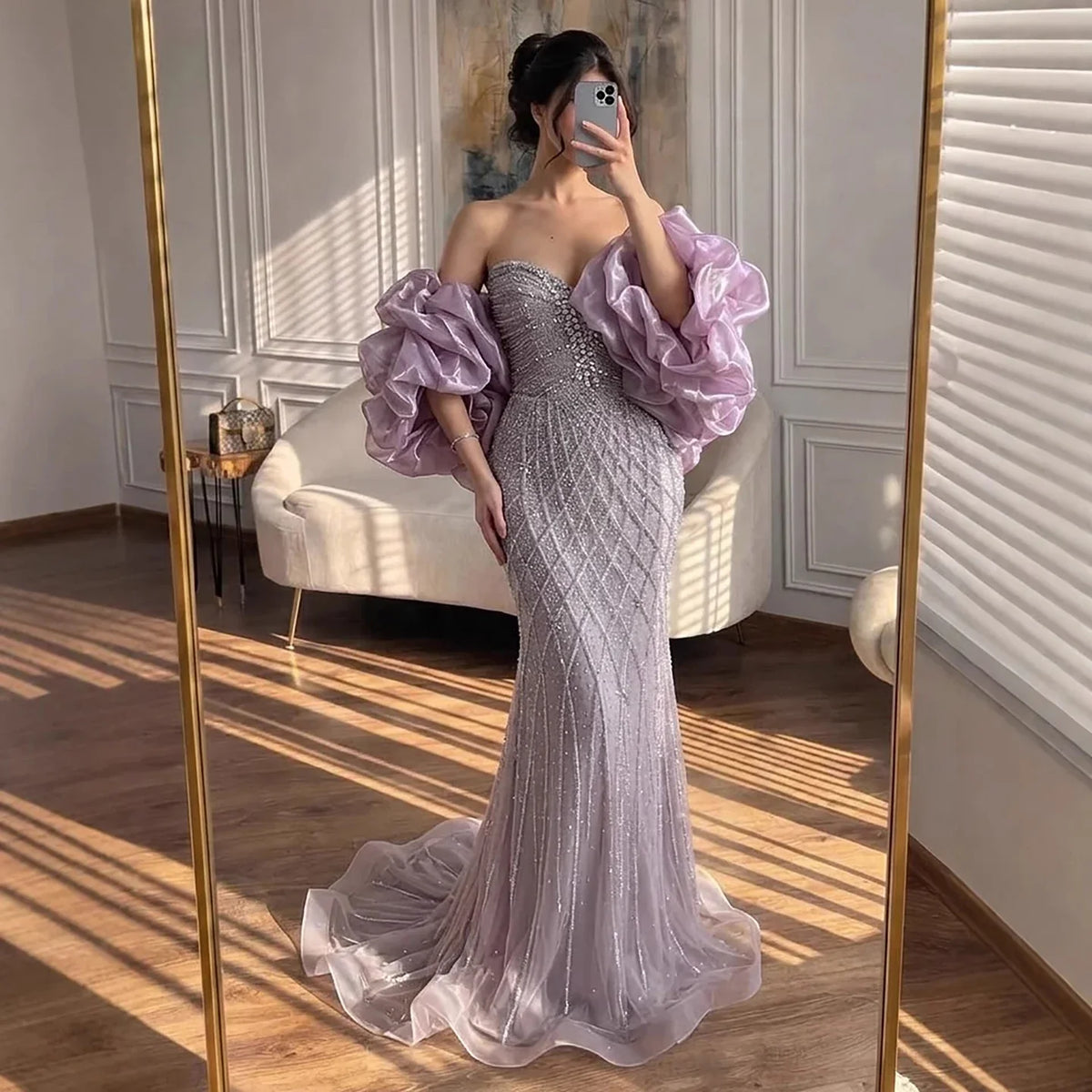 2026 Pink Strapless Mermaid Luxury Beaded Evening Dresses with Cape Formal Party Gowns Customized | Nightbubo