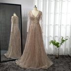 Serene Hill Lilac V-neck A-line Long Sleeves Luxury Beaded Evening Dresses Party Gowns for Women Customized DLA71793