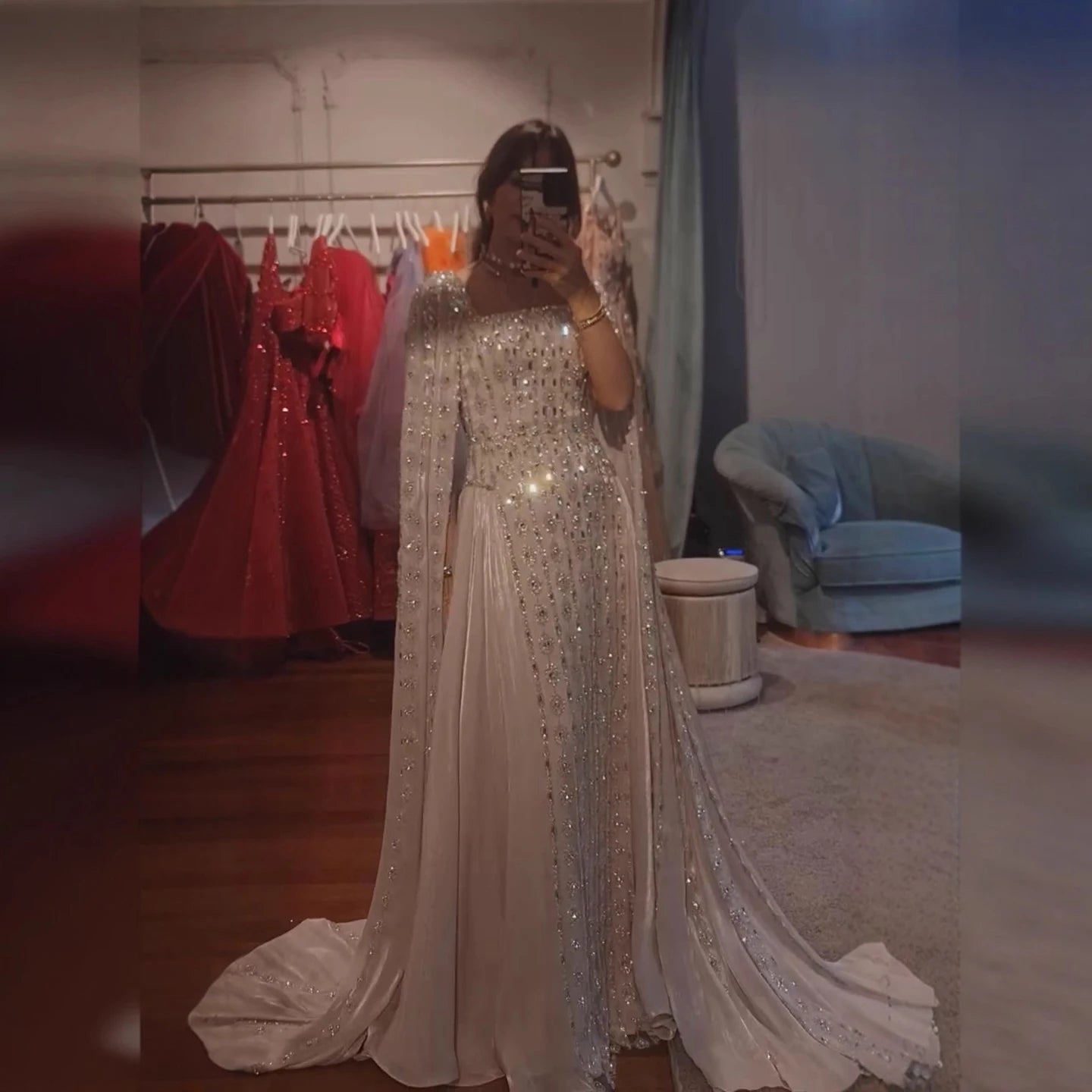 Serene Hill Luxury Beaded Evening Gown Elegant Cape Sleeve Square Neck Muslim Wedding Party Dress 2026 DLA73272 Customized