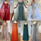 Serene Hill Blue Mermaid Beaded Evening Dresses with Cape Sleeves Wedding Party Gowns for Women DLA71715 Customized