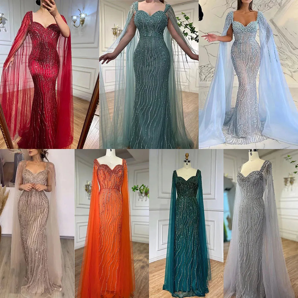 Serene Hill Blue Mermaid Beaded Evening Dresses with Cape Sleeves Wedding Party Gowns for Women DLA71715 Customized