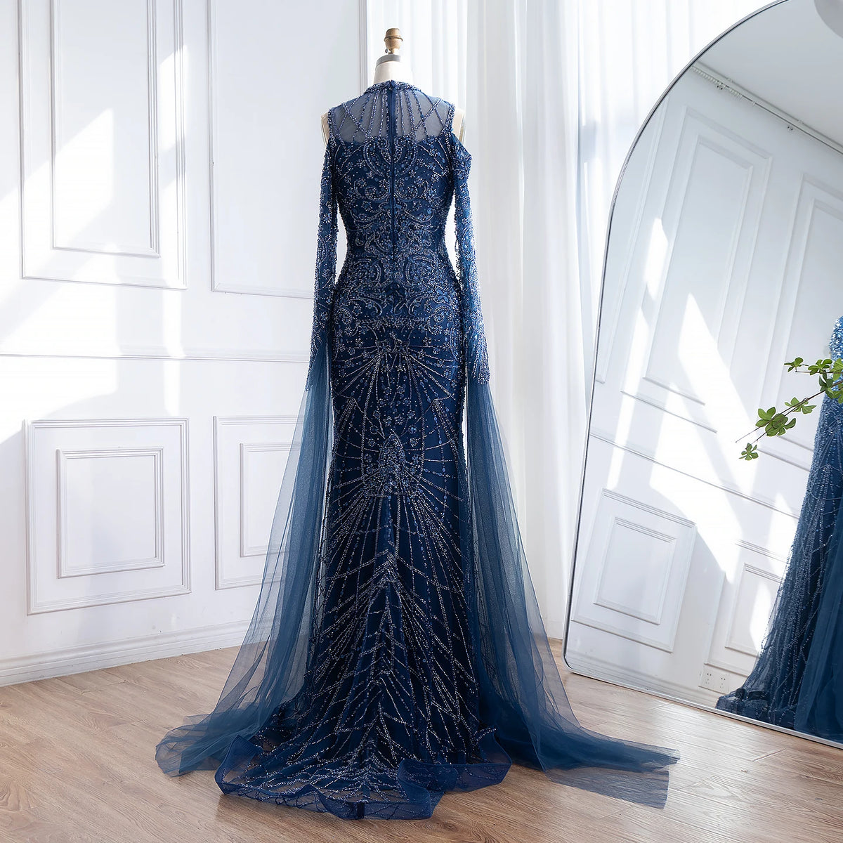 Serene Hill Navy Blue O-neck Cold Shoulder Mermaid Beaded Evening Dress Party Gowns with Cape Sleeves Customized DLA73323