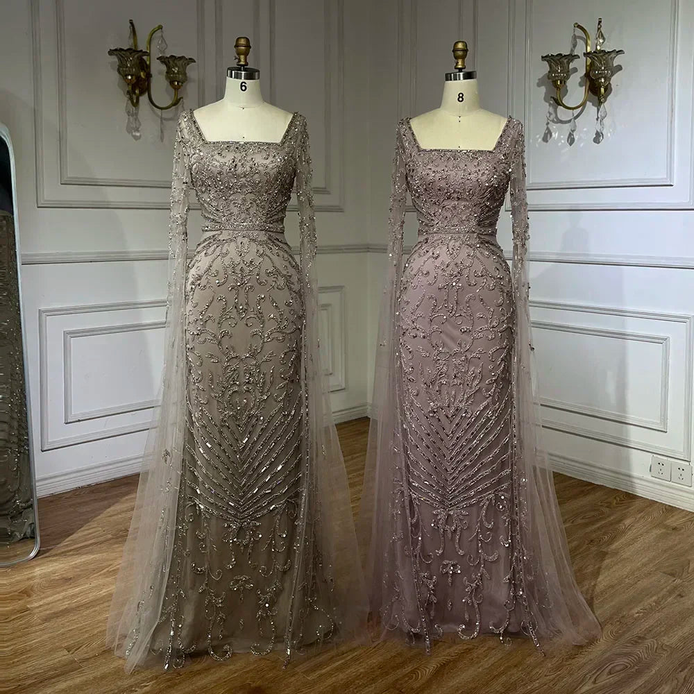 Serene Hill 2026 Dubai Pink Mermaid Long Evening Dress with Beaded Cape Gown for Wedding Occasion DLA72400A Customized