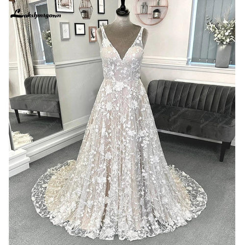 NumberSea Vintage Champagner Volle Spitze Boho Hochzeit Kleid 2025 Vestidos Noivas V Neck Sexy Braut Hochzeit Kleider Open Back 