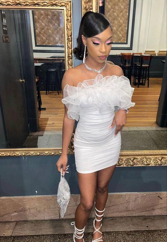 White Short Homecoming Dress With Rufflues Y73 by simplepromdress