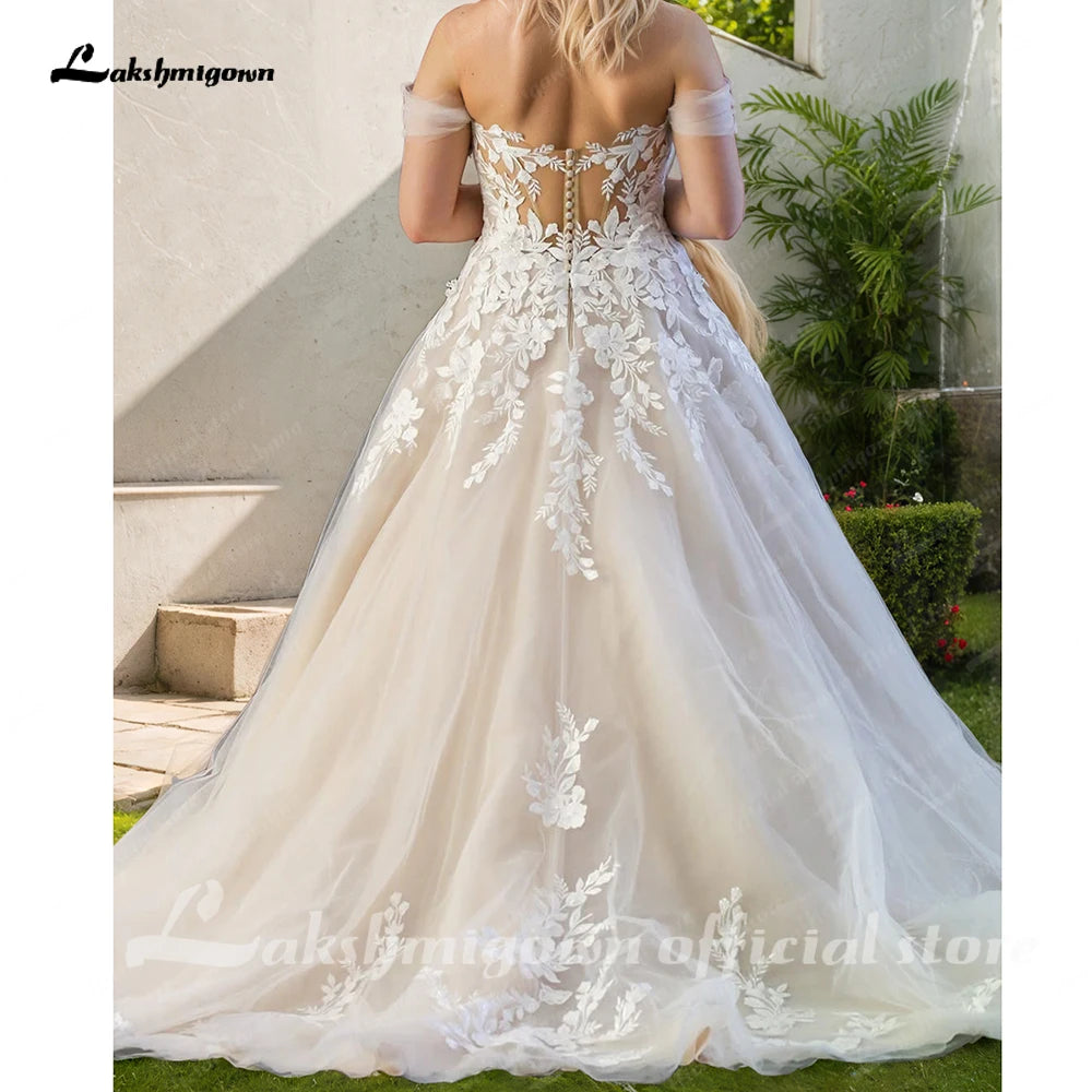 Lakshmigown Sexy Ladies Off Shoulder Lace Appliqués Beach Wedding Dresses Boho Bridal Gowns Sleeveless Robe Customized