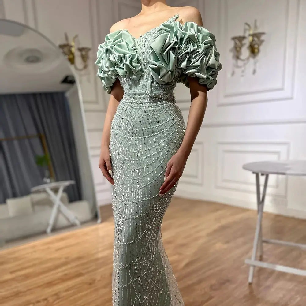 Serene Hill Customized Sage Green Off Shoulder Mermaid Evening Dresses 2024 Arabic Formal Gowns For Women Wedding Party DLA72281