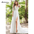Lakshmigown Boho A-Line V-neck Long Sleeve Chiffon Lace Wedding Dress Split Front Backless Button Appliques Bridal Go Customized