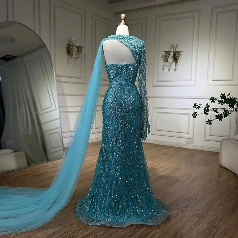 Serene Hill Customized Blue Mermaid High Split Pearls Beaded Evening Dress with Glove Formal Party Gowns For Women 2026 DLA72268